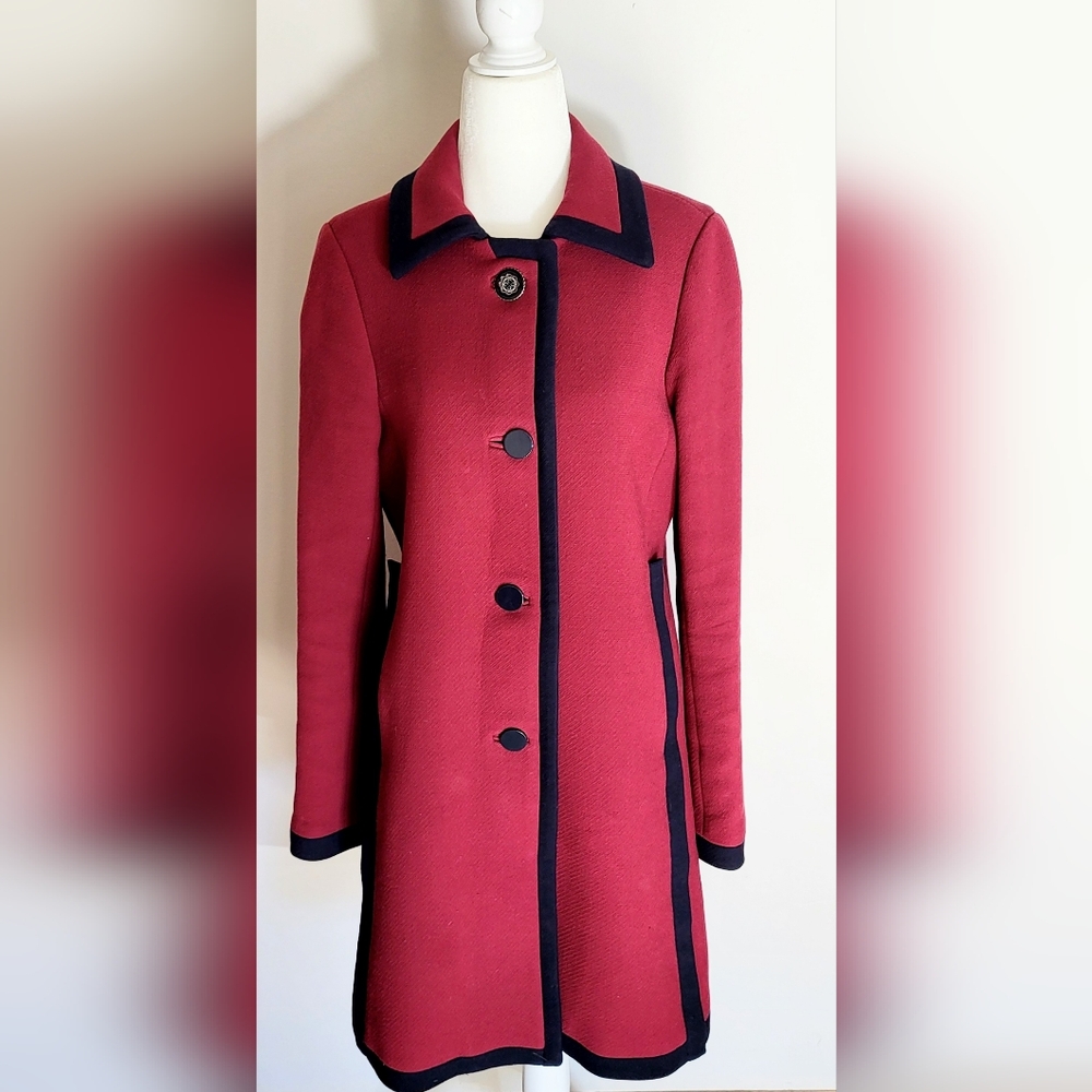 Vintage J. Crew Lady Day Coat Burgandy Wool Blend w/ Navy Trim Buttons Sz 8 EUC - Picture 4 of 16